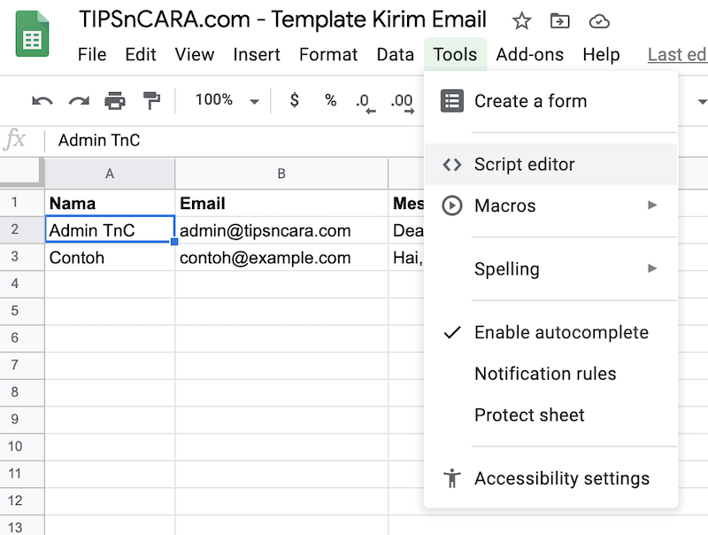 Script editor untuk kirim email sheet